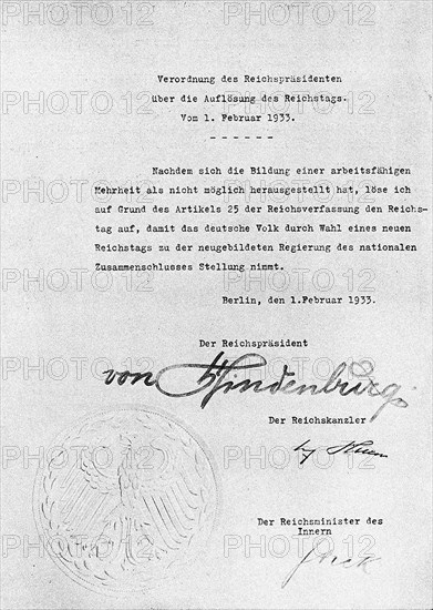 Decree from Hindenburg ordering dissolution of the Reichstag from 1 February 1933 Artist: Historical Document