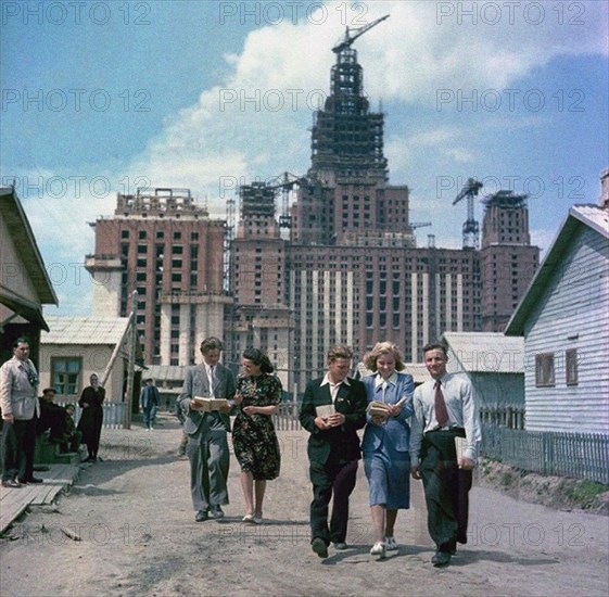 The construction of the main building of Moscow State University on Lenin Hills Artist: Anonymous