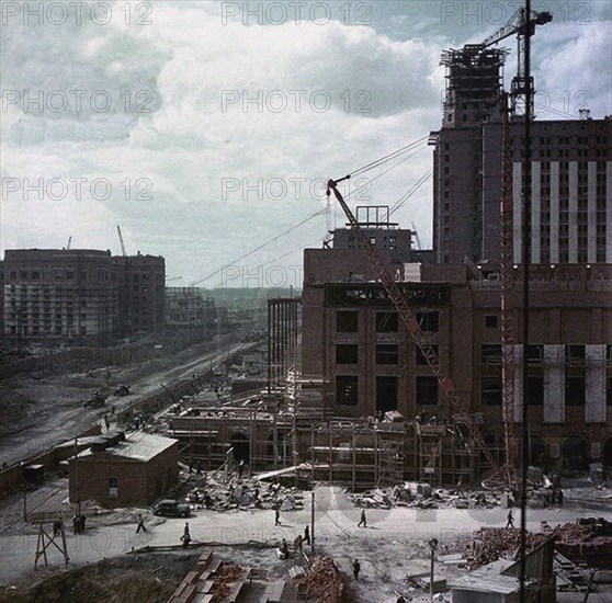 The construction of the main building of Moscow State University on Lenin Hills Artist: Anonymous