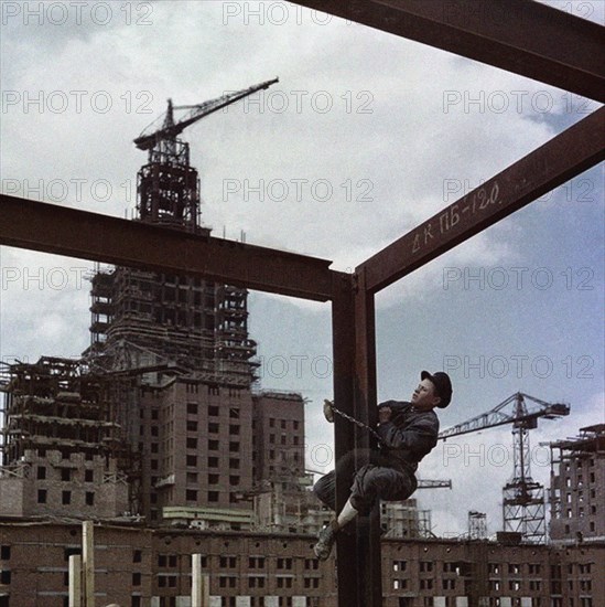 The construction of the main building of Moscow State University on Lenin Hills Artist: Anonymous