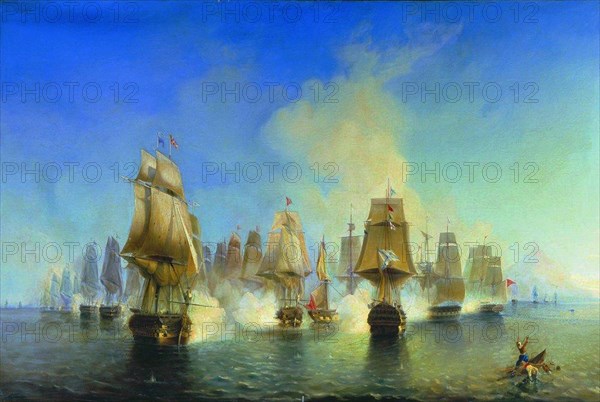 The naval Battle of Athos. Artist: Bogolyubov, Alexei Petrovich (1824-1896)