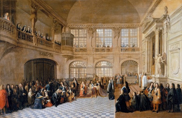 Louis XIV receiving the oath of the Marquis De Dangeau, Grand Master of the Order of Saint Lazare in Artist: Pezey, Antoine (active 1695-1710)