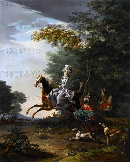 Marie-Antoinette (1755-1793) Hunting with Dogs. Artist: Brun de Versoix, Louis-Auguste (1758-1815)