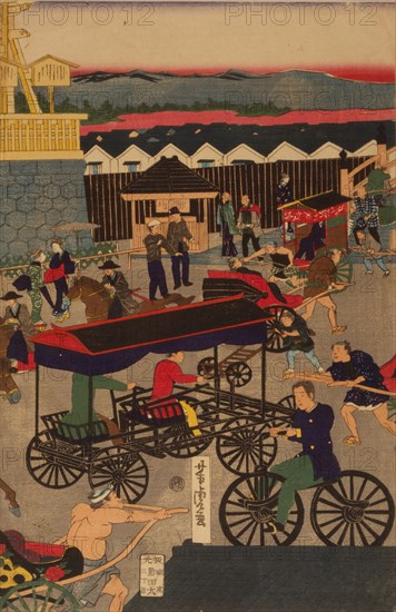 Flourishing Nihonbashi section of Tokyo. (Tokyo Nihonbashi han ei no zu) Triptych. Artist: Yoshitora, Utagawa (active 1850-1880)