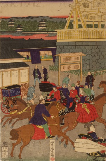 Flourishing Nihonbashi section of Tokyo. (Tokyo Nihonbashi han ei no zu) Triptych. Artist: Yoshitora, Utagawa (active 1850-1880)