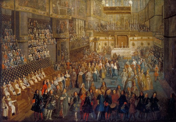 The coronation of Louis XV in the Rheims Cathedral, 25 October 1722. Artist: Martin, Pierre-Denis II (1663-1742)