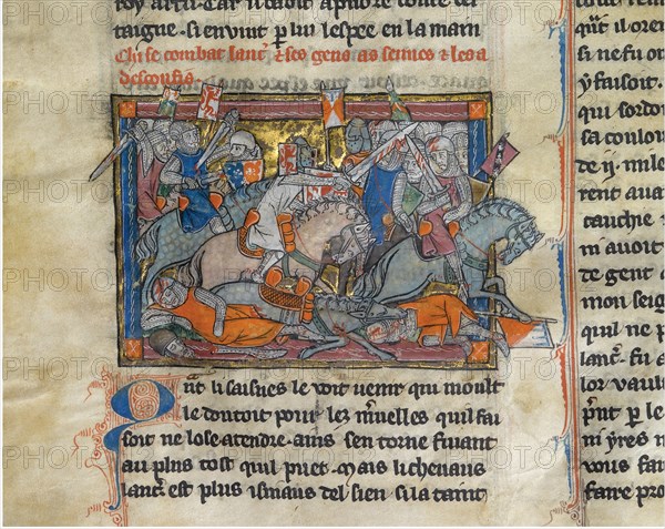 King Arthur fighting the Saxons (from the Rochefoucauld Grail). Artist: Anonymous