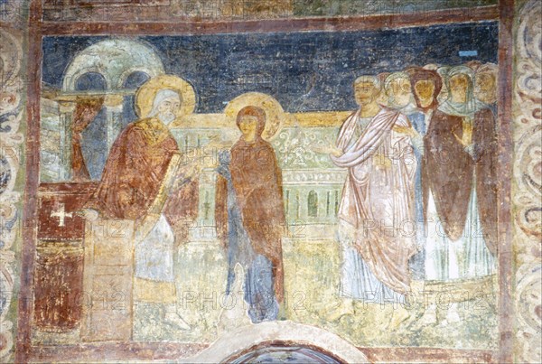 The Virgin Receiving the Purple and Cochineal. Artist: Ancient Russian frescos