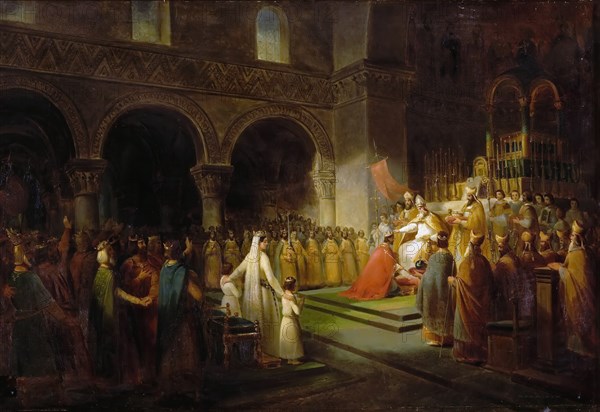 The Anointing of Pepin the Short at Saint-Denis, 28 July 754. Artist: Dubois, François (1790-1871)