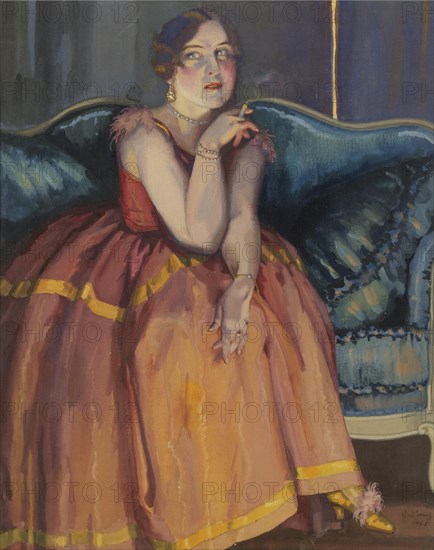 Woman smoking a cigarette on a sofa. Artist: Somov, Konstantin Andreyevich (1869-1939)