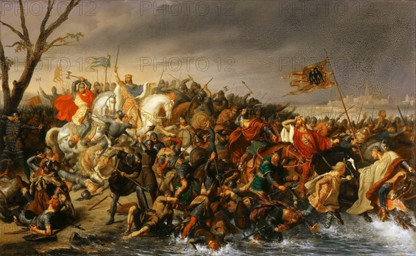 Lothair of France defeats Emperor Otto II on the banks of the Aisne, October 978. Artist: Durupt, Charles-Barthelemy-Jean (1804-1838)