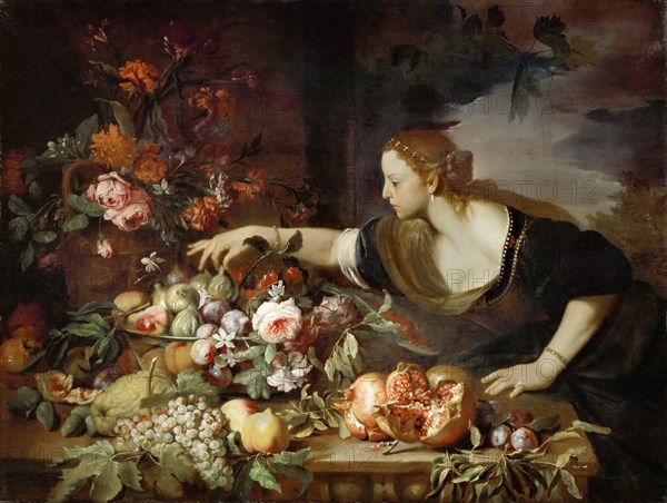 Woman taking fruit. Artist: Brueghel, Abraham (1631-1697)