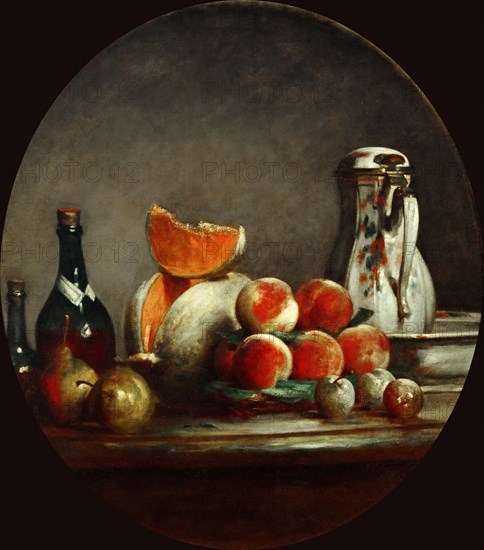Melons, pears, peaches and plums, or The cut melon. Artist: Chardin, Jean-Baptiste Siméon (1699-1779)