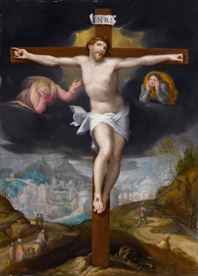 Christ on the Cross between two angels. Artist: Mostaert, Gillis (1534-1598)