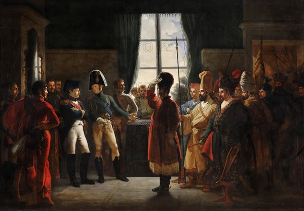 Tsar Alexander I presenting the Kalmyks, Cossacks and Bashkirs of Russian army to Napoleon I, Tilsit Artist: Bergeret, Pierre-Nolasque (1782-1863)