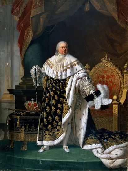 Portrait of Louis XVIII (1755-1824) in coronation robes. Artist: Lefévre, Robert (1756-1830)