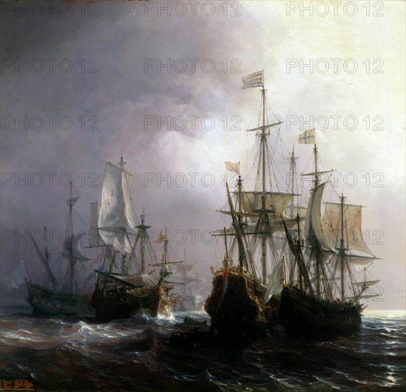 Capture of three Dutch Commercial Vessels by the French Ships Fidèle, Mutine and Jupiter, in 1711. Artist: Gudin, Théodore (1802-1880)