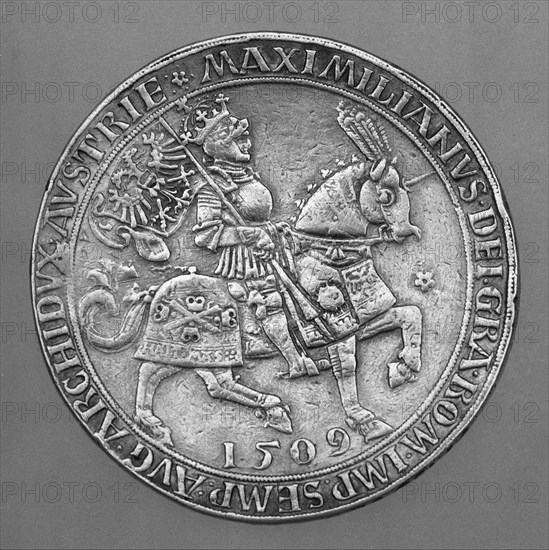 Emperor Maximilian I on Horseback. Thaler Coin from Hall. Artist: Ursentaler, Ulrich, the Elder (active 1508-1535)