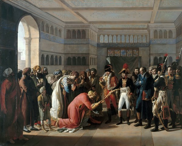 Bonaparte presents the sabre to military commander of Alexandria, July 1798. Artist: Mulard, François Henri (1769-1850)