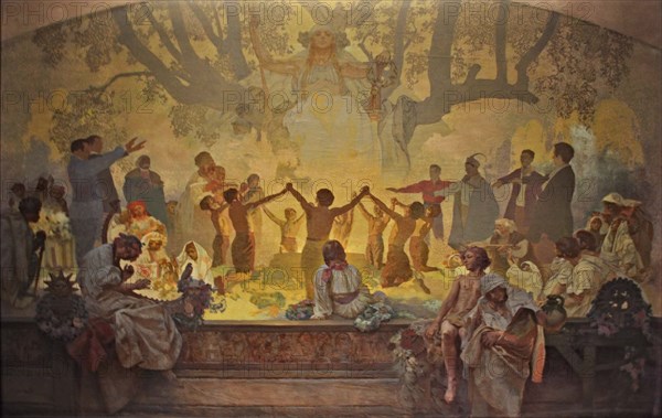 The Oath of Omladina Under the Slavic Linden Tree (The cycle The Slav Epic). Artist: Mucha, Alfons Marie (1860-1939)