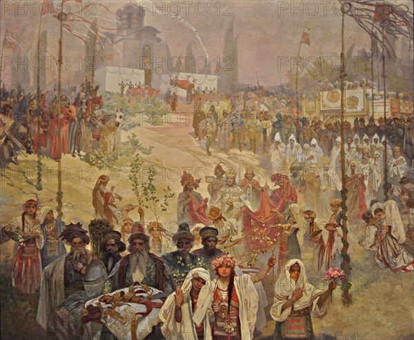 The Coronation of the Serbian Tsar Stefan Dusan as East Roman Emperor (The cycle The Slav Epic). Artist: Mucha, Alfons Marie (1860-1939)