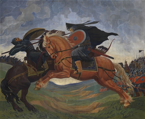 Single combat of Peresvet and Temir-murza on the Kulikovo Field in 1380. Artist: Jacobi, Mavriki Petrovich (1906-1938)