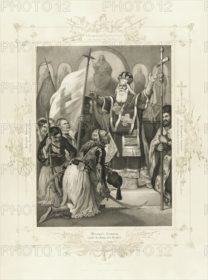 The Metropolitan Germanos raising the banner of freedom (From the Album of Greek Heroism). Artist: Hess, Peter von (1792?1871)