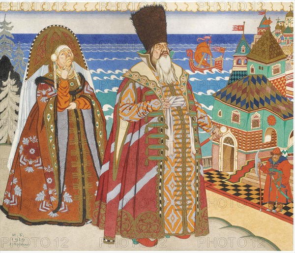 Illustration for the Fairy tale of the Tsar Saltan by A. Pushkin. Artist: Bilibin, Ivan Yakovlevich (1876-1942)