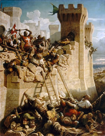 Guillaume de Clermont defending the walls at the Siege of Acre, 1291. Artist: Papety, Dominique (1815-1849)