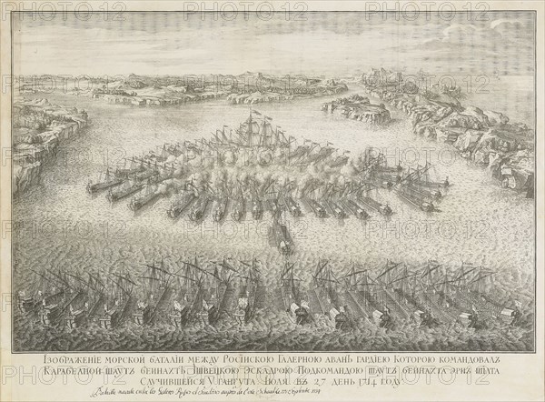 The naval Battle of Gangut on July 27, 1714. Artist: Larmessin, Nicolas de, II (1684-1755)
