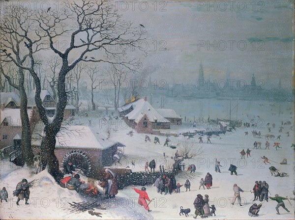 Winter Landscape with Snowfall near Antwerp. Artist: Valckenborch, Lucas, van (1530-1597)