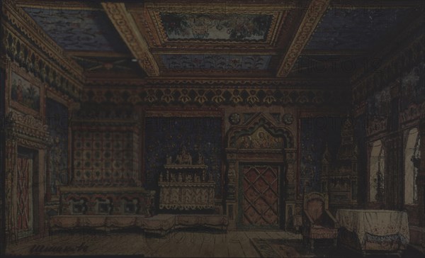 Stage design for the theatre play Death of Ivan the Terrible by A. Tolstoy. Artist: Shishkov, Matvei Andreyevich (1832-1897)