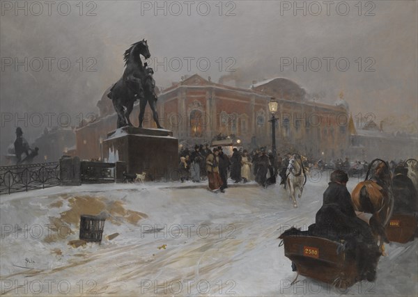 The Anichkov Bridge on Nevsky Prospekt at dusk. Artist: Sala, Paolo (1859-1924)