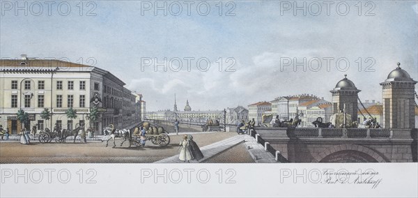 The Anichkov Bridge (From the panorama of the Nevsky Prospekt). Artist: Sadovnikov, Vasily Semyonovich (1800-1879)
