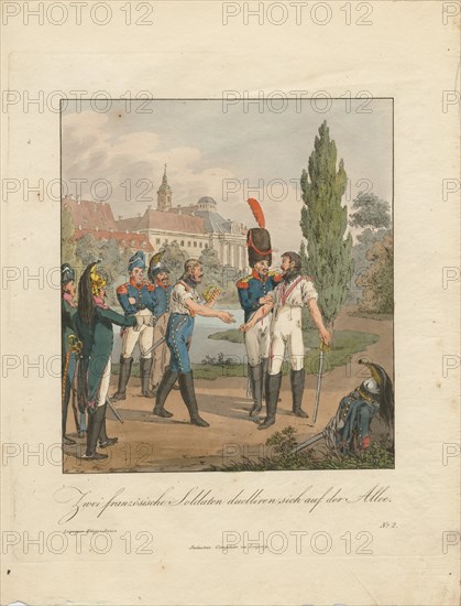 Two French soldiers fighting a duel on an avenue. Artist: Geissler, Christian Gottfried Heinrich (1770-1844)