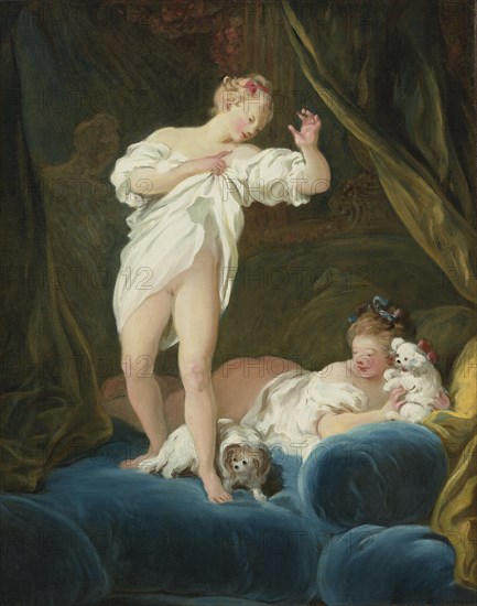 Two Girls on a Bed Playing with their Dogs. Artist: Fragonard, Jean Honoré (1732-1806)
