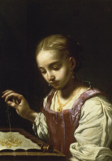 Girl Sewing. Artist: Amorosi, Antonio (1660-1738)