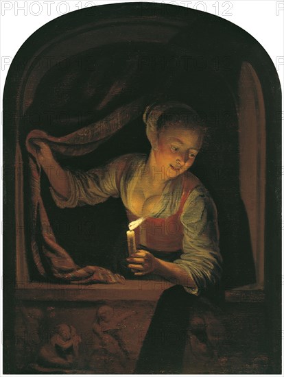 Woman with a lighted Candle at a Window. Artist: Dou, Gerard (Gerrit) (1613-1675)