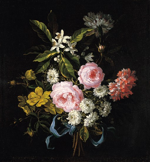 Bouquet of Chamomile, Roses, Orange Blossom and Carnations Tied with a Blue Ribbon. Artist: Monnoyer, Jean-Baptiste (1636-1699)