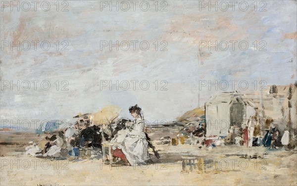 Lady in white on the beach at Trouville. Artist: Boudin, Eugène-Louis (1824-1898)