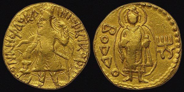 Gold Coin, Kushan. Obverse: Kanishka I. Reverse: in Bactrian script Buddha (boddo). Artist: Numismatic, Ancient Coins