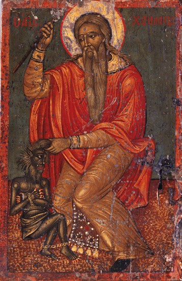 Saint Charalambos with Devil. Artist: Greek icon