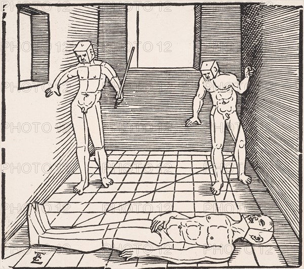 Three male figures in a room (From: Unnderweissung der Proportzion). Artist: Schoen, Erhard (1491-1592)