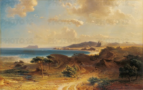 Beach at Estepona with a View of the Rock of Gibraltar. Artist: Bamberger, Fritz (Friedrich) (1814-1873)