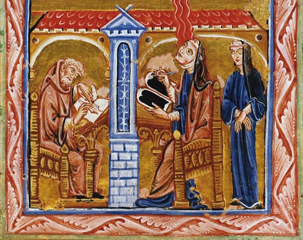 Hildegard receives a vision in the presence of her secretary Volmar and her confidante Richardis, ca Artist: Anonymous