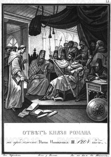 Prince Roman received the ambassadors of Pope Innocent III, 1204 (From Illustrated Karamzin), 1836 Artist: Chorikov, Boris Artemyevich (1802-1866)