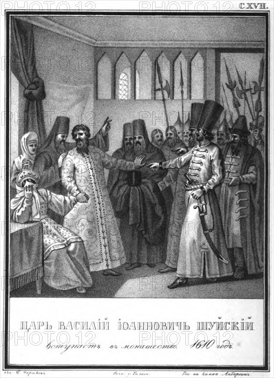 Monastic consecration of Tsar Vasili Ivanovich Shuisky, 1610 (From Illustrated Karamzin), 1836. Artist: Chorikov, Boris Artemyevich (1802-1866)