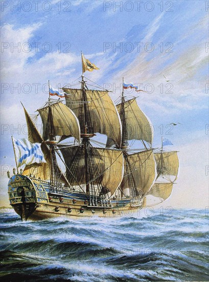 Russian ship of the line Poltava, 1712. Artist: Anonymous