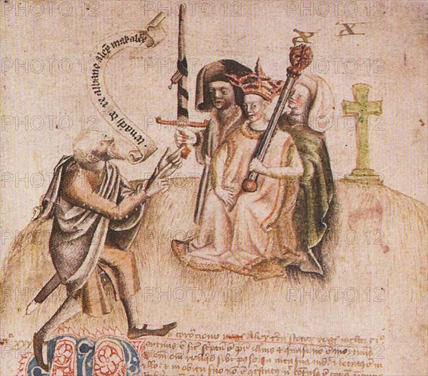 Coronation of King Alexander III on Moot Hill, Scone. From manuscript of the Scotichronicon by Walte Artist: Anonymous