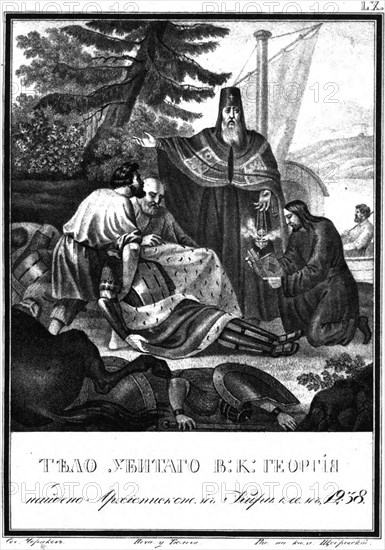 Bishop Kirill of Rostov founds the beheaded body of Georgy Vsevolodovich. 1238 (From Illustrated Ka Artist: Chorikov, Boris Artemyevich (1802-1866)